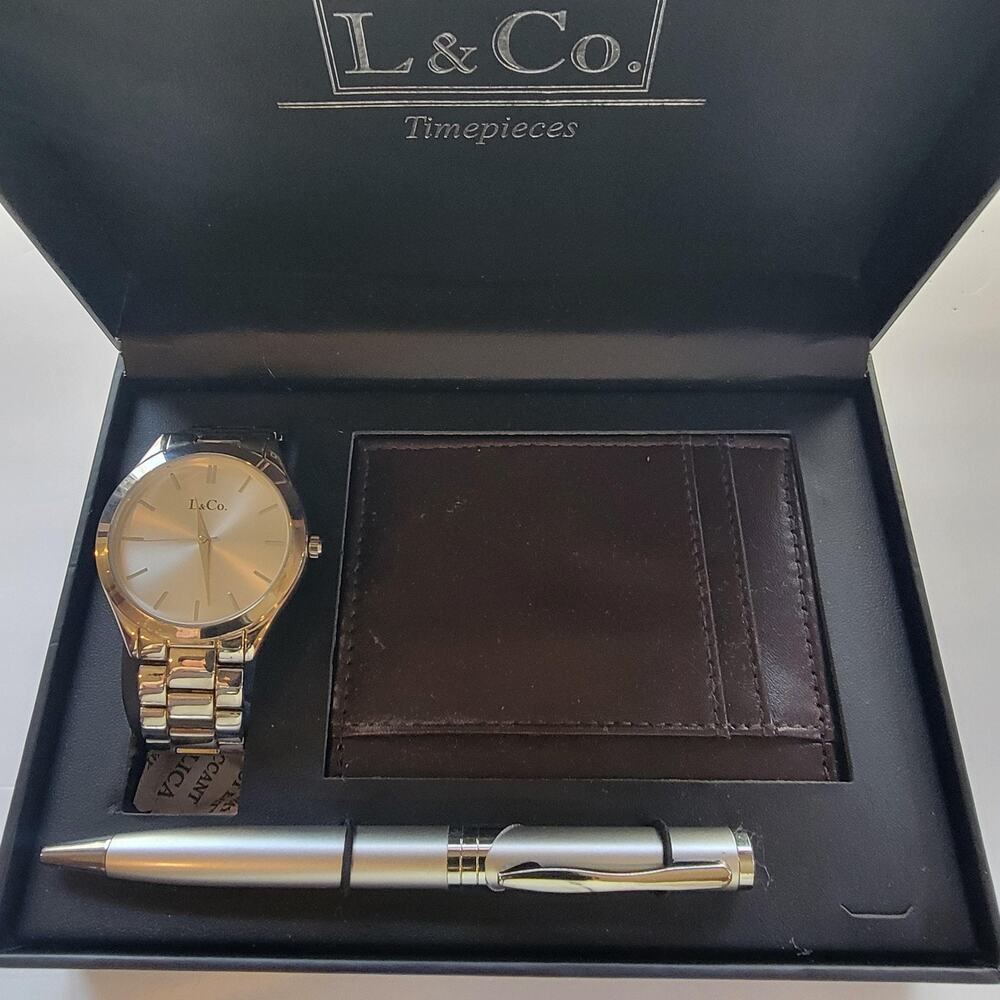 L & Co. Mens Quartz Dress Watch Silver Dial Stainless Steel Bracelet Set